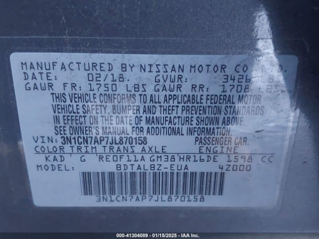 3N1CN7AP7JL870158 Nissan Versa 1.6 Sv