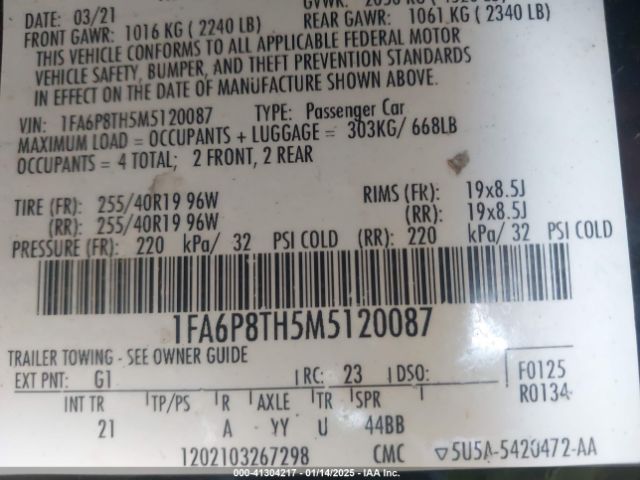 1FA6P8TH5M5120087 Ford Mustang Ecoboost Fastback