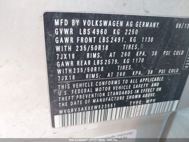 WVGBV3AXXEW523551 Volkswagen Tiguan Sel