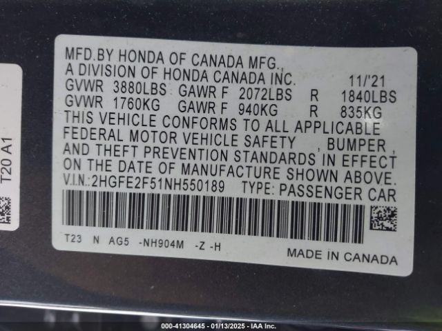 2HGFE2F51NH550189 Honda Civic Sport