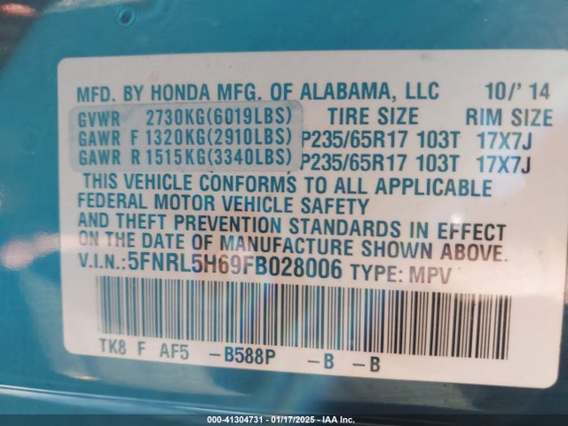 Honda Odyssey Ex-l 2015 5FNRL5H69FB028006 Image 9