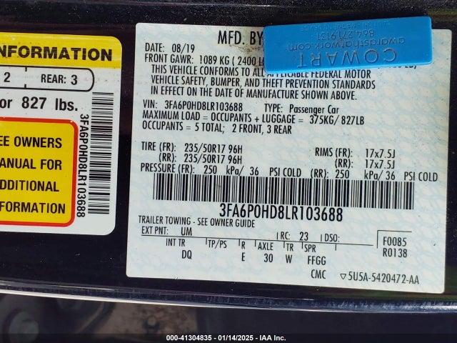 Ford FUSION SE 2020 3FA6P0HD8LR103688 Image 9