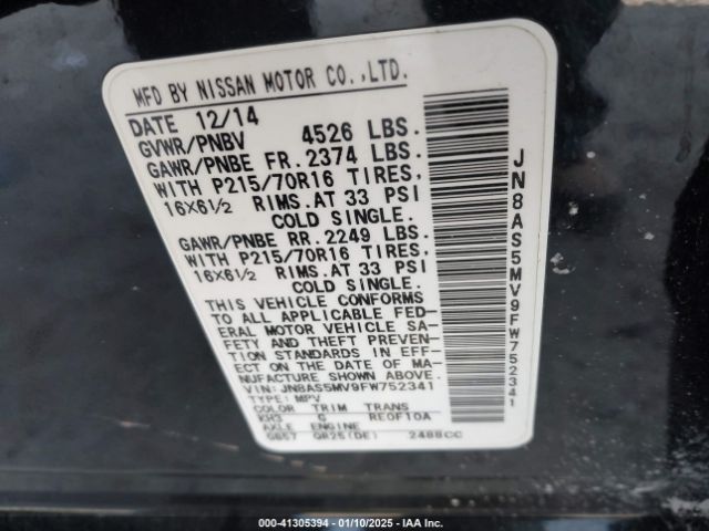 JN8AS5MV9FW752341 Nissan Rogue Select S