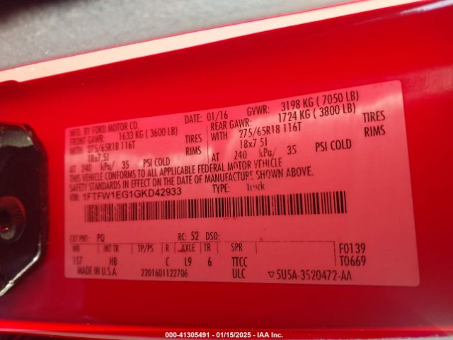 1FTFW1EG1GKD42933 Ford F-150 Lariat