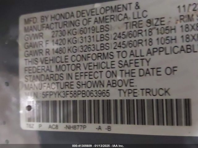 5FPYK3F58PB063965 Honda Ridgeline Rtl