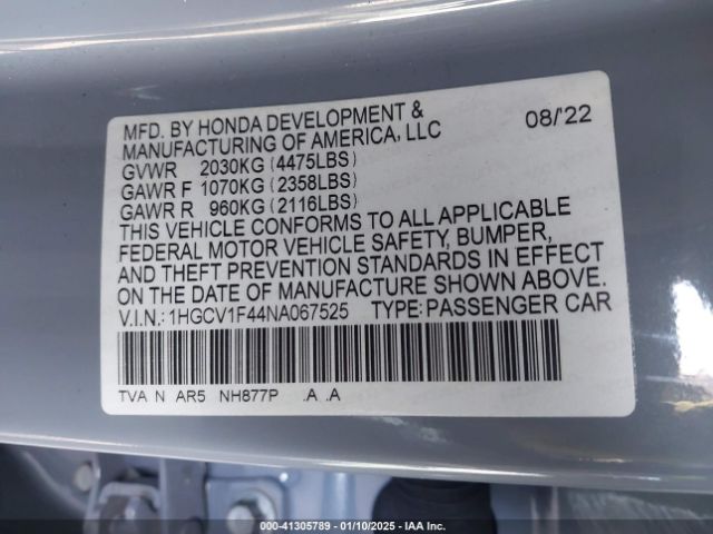 1HGCV1F44NA067525 Honda Accord Sport Se