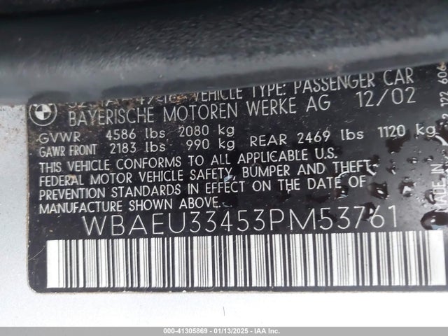 Продажа на аукционе авто 2003 Bmw 325xi, vin: WBAEU33453PM53761, номер лота: 41305869