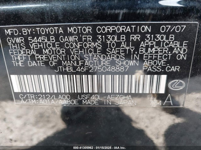Продаж на аукціоні авто 2007 Lexus Ls 460, vin: JTHBL46F275048887, номер лоту: 41305962