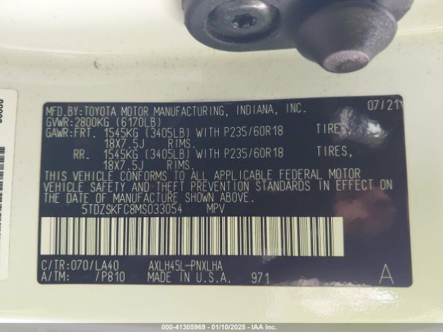 5TDZSKFC8MS033054 Toyota Sienna Limited