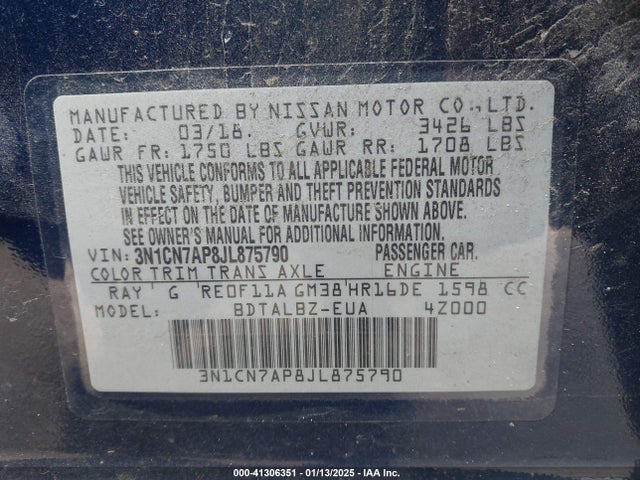 3N1CN7AP8JL875790 Nissan Versa 1.6 Sv