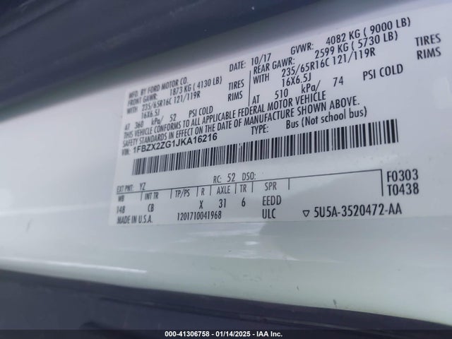 1FBZX2ZG1JKA16216 Ford Transit-350 Xlt