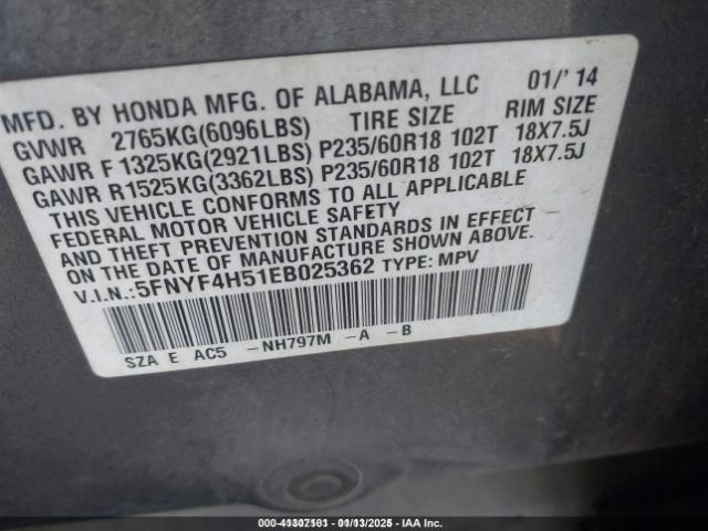 5FNYF4H51EB025362 Honda Pilot Ex-l