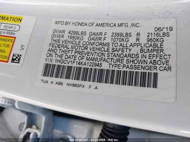 Honda ACCORD LX 2019 1HGCV1F14KA122945 Image 9