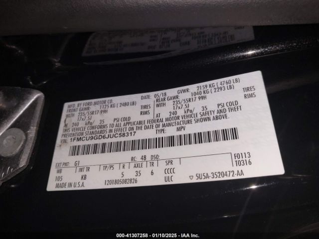 1FMCU9GD6JUC58317 Ford ESCAPE SE