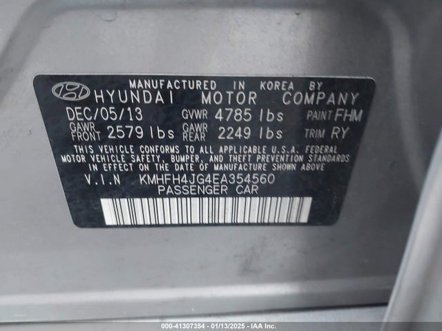 2014 Hyundai Azera Limited მანქანა იყიდება აუქციონზე, vin: KMHFH4JG4EA354560, აუქციონის ნომერი: 41307354