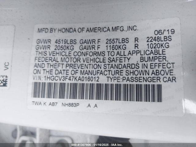 1HGCV3F47KA016012 Honda Accord Hybrid Ex