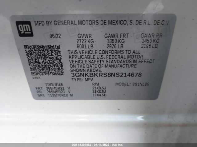 3GNKBKRS8NS214678 Chevrolet Blazer Awd Rs
