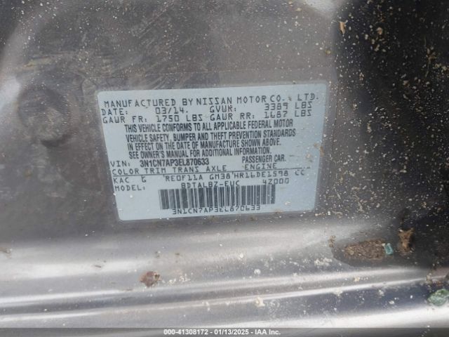 3N1CN7AP3EL870633 Nissan Versa 1.6 Sv