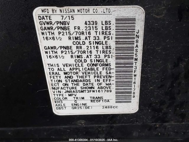 JN8AS5MT3FW161789 Nissan Rogue Select S