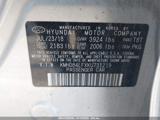KMHD84LFXKU731219 Hyundai ELANTRA SEL
