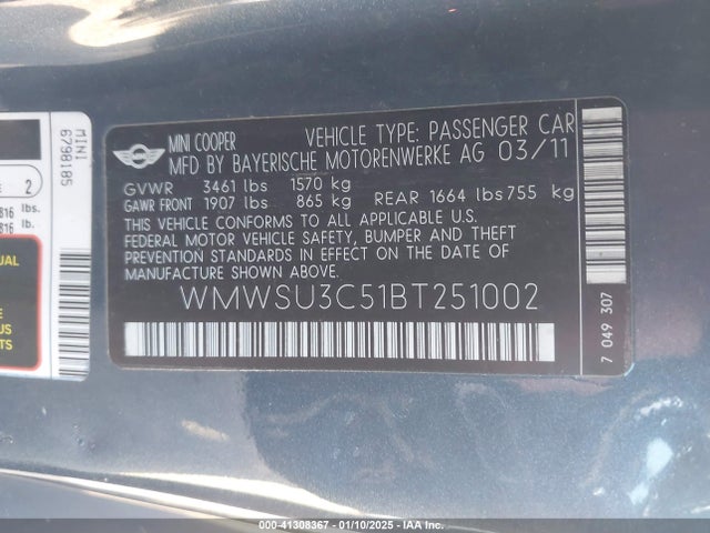 2011 MINI COOPER WMWSU3C51BT251002 Photo 8