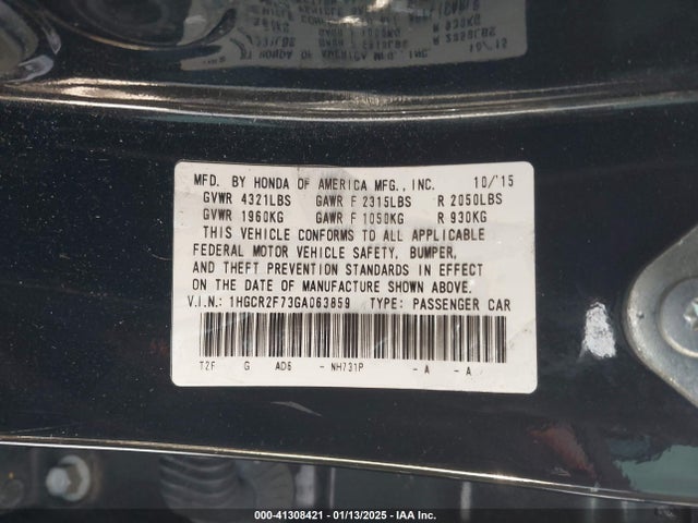 Honda ACCORD EX 2016 1HGCR2F73GA063859 Image 9