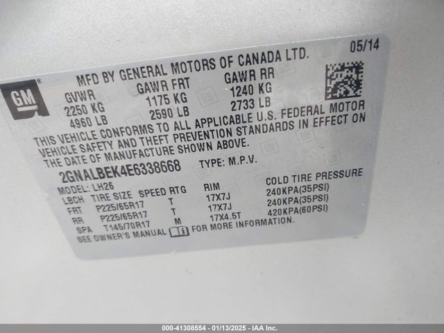Chevrolet EQUINOX 1LT 2014 2GNALBEK4E6338668 Image 9