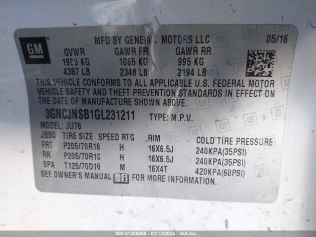 3GNCJNSB1GL231211 Chevrolet Trax 1ls