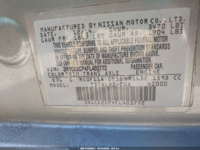 3N1CE2CP4FL403772 Nissan Versa Note S (sr)/s Plus/sl/sr/sv