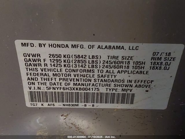 5FNYF6H3XKB004175 Honda Pilot Ex