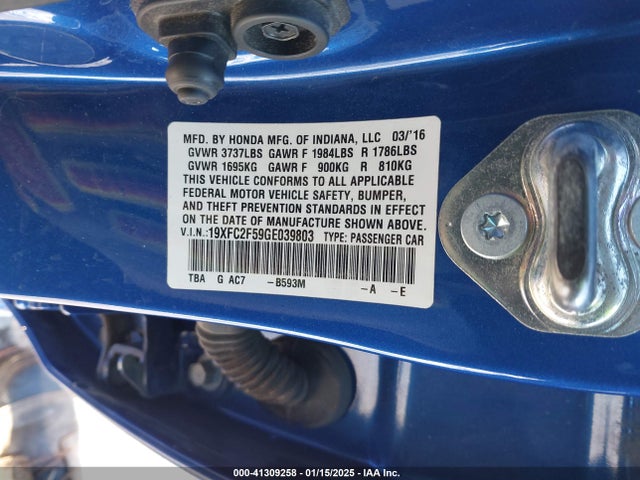 Honda CIVIC SEDAN 2016 19XFC2F59GE039803 Image 9