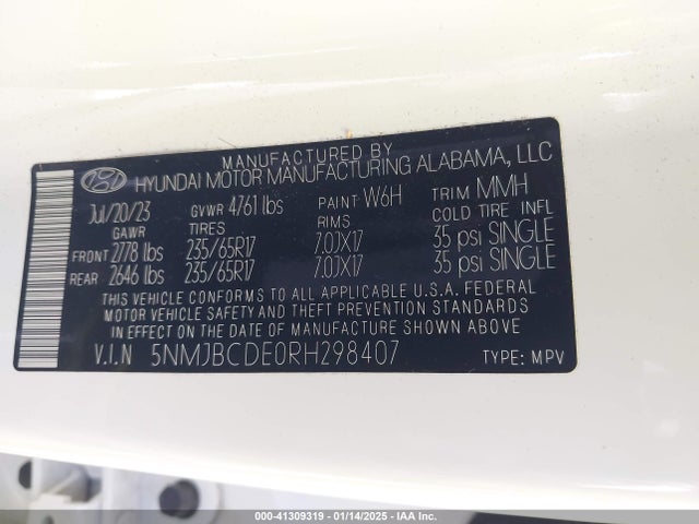 5NMJBCDE0RH298407 Hyundai TUCSON SEL