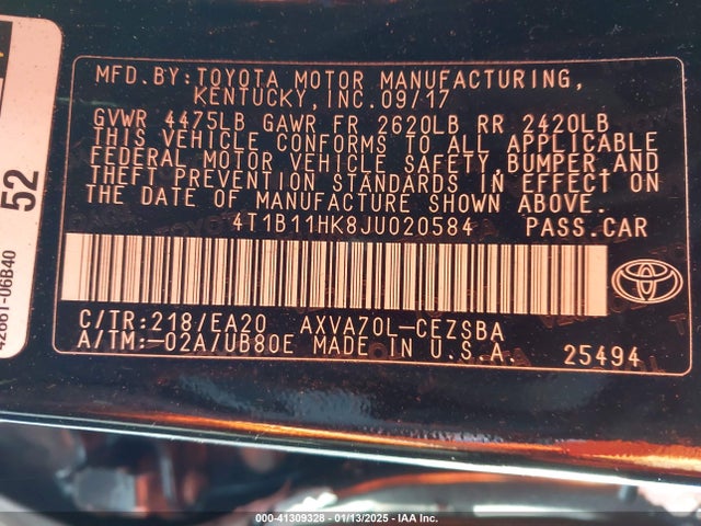 4T1B11HK8JU020584 Toyota CAMRY SE