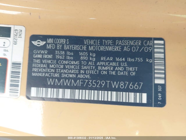 2009 MINI COOPER S WMWMF73529TW87667 Photo 8
