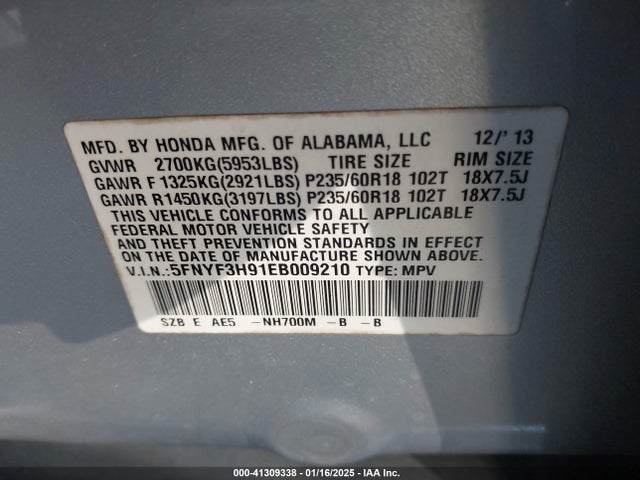 Honda Pilot 2014 5FNYF3H91EB009210 Image 9