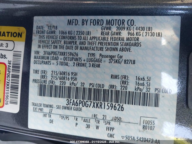 Ford Fusion 2019 3FA6P0G7XKR159626 Image 9
