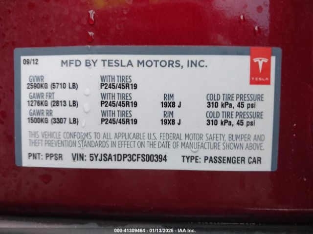 2012 TESLA MODEL S 5YJSA1DP3CFS00394 Photo 8