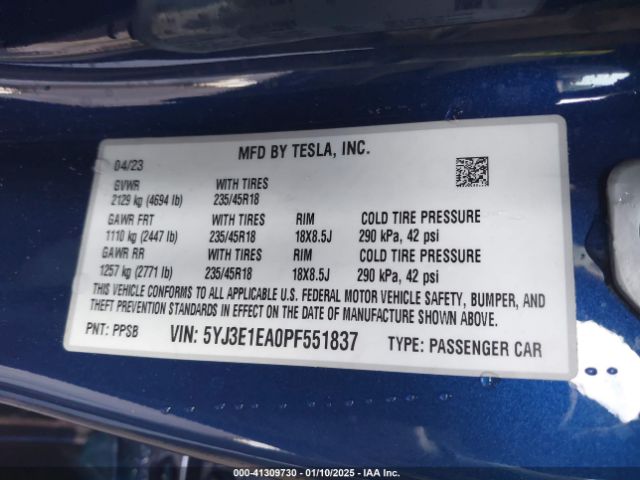 5YJ3E1EA0PF551837 Tesla MODEL 3
