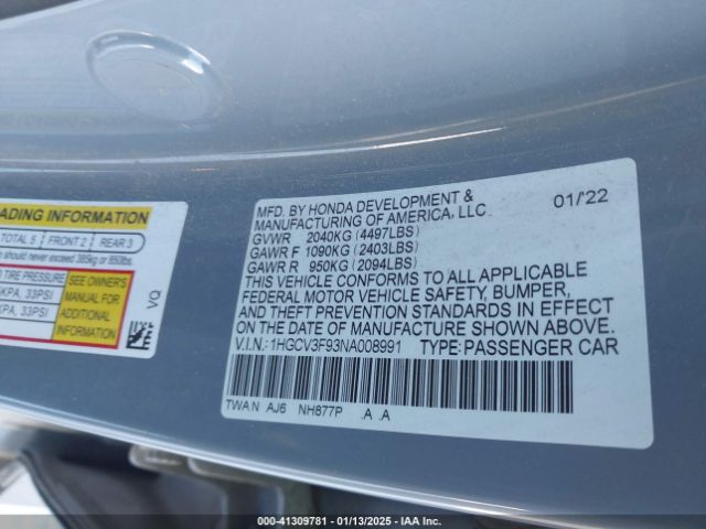1HGCV3F93NA008991 Honda Accord Hybrid Touring