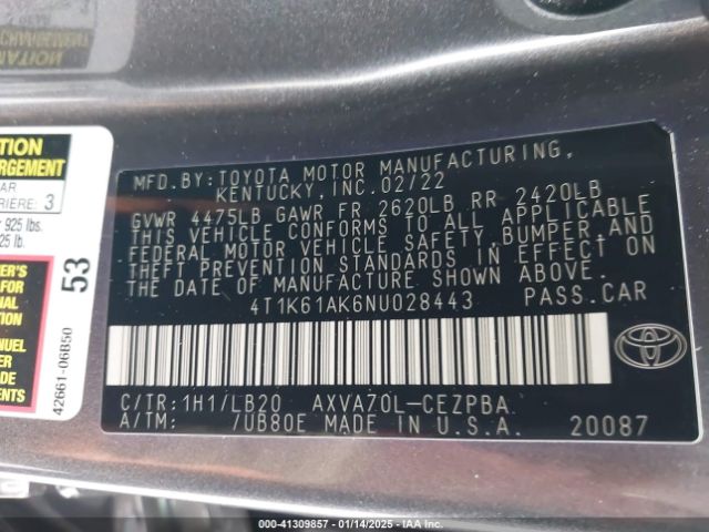 4T1K61AK6NU028443 Toyota Camry