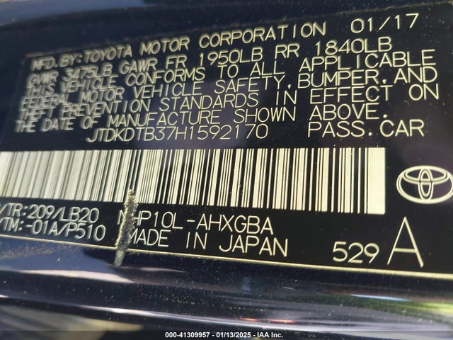 JTDKDTB37H1592170 Toyota PRIUS C