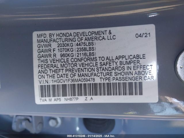 2021 HONDA ACCORD SEDAN 1HGCV1F36MA059478 Photo 8