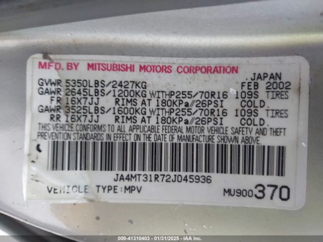 2002 MITSUBISHI MONTERO SPORT JA4MT31R72J045936 Photo 8