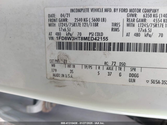 2021 Ford Super Duty F-350 Drw მანქანა იყიდება აუქციონზე, vin: 1FD8W3HT8MED42155, აუქციონის ნომერი: 41310438