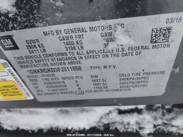 Chevrolet Traverse 2015 1GNKRGKD3FJ311858 Image 9