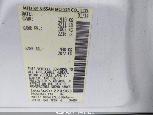 Nissan Altima 2.5/2.5 S/2.5 Sl/2.5 Sv 2014 1N4AL3AP7EC274963 Image 9