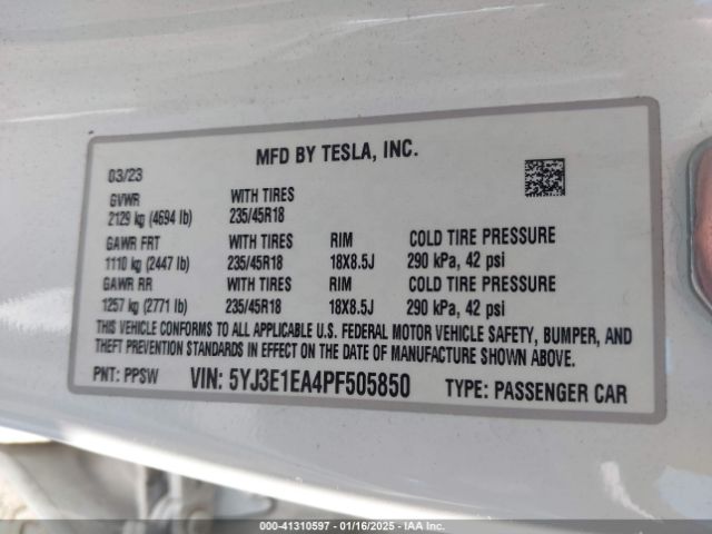 5YJ3E1EA4PF505850 Tesla Model 3 Rear-wheel Drive