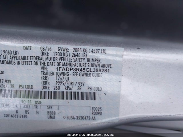Ford FOCUS ELECTRIC 2016 1FADP3R45GL388281 Image 9