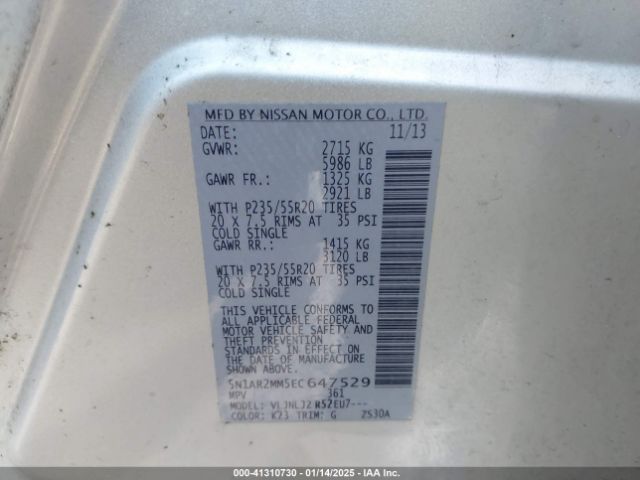 5N1AR2MM5EC647529 Nissan Pathfinder Platinum