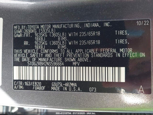 5TDGZRBH2NS596664 Toyota Highlander